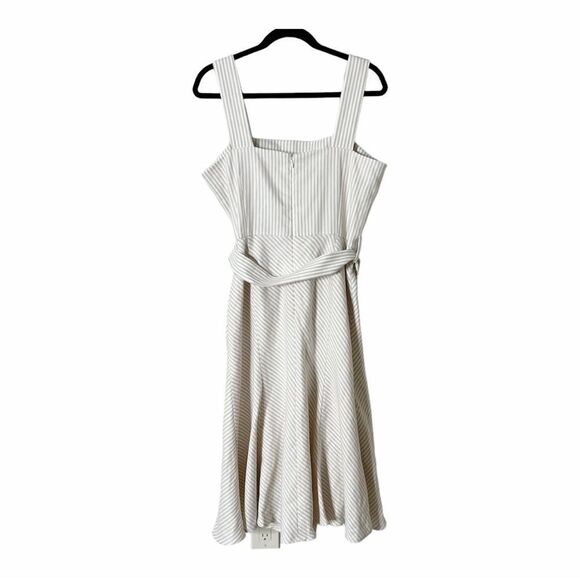 12P Ann Taylor Sleeveless Striped Linen Blend Belted Midi Dress - Picture 3 of 10